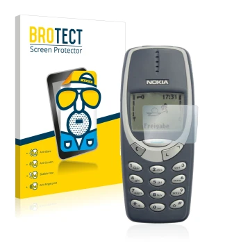 Front side of a product packaging with the brand logo BROTECT. Next to it is the device Nokia 3310 2011 shown with the corresp