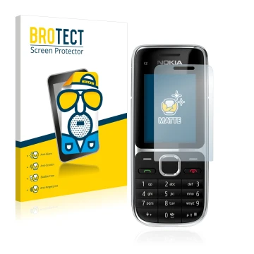 Front side of a product packaging with the brand logo BROTECT. Next to it is the device Nokia C2-01 shown with the correspondi