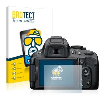 Front side of a product packaging with the brand logo BROTECT. Next to it is the device Nikon D5100 shown with the correspondi