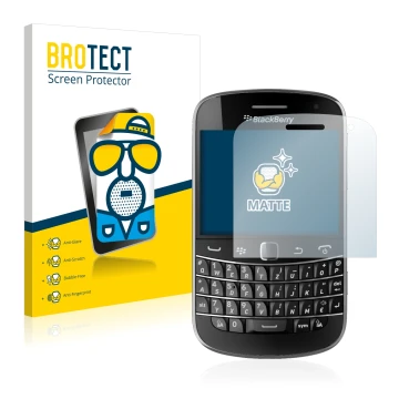 Front side of a product packaging with the brand logo BROTECT. Next to it is the device RIM BlackBerry Bold Touch 9900 shown w