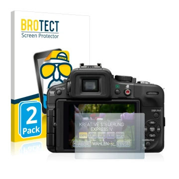 Front side of a product packaging with the brand logo BROTECT. Next to it is the device Panasonic Lumix DMC-G3 shown with the 