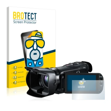 Front side of a product packaging with the brand logo BROTECT. Next to it is the device Canon Legria HF G10 shown with the cor