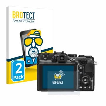 Front side of a product packaging with the brand logo BROTECT. Next to it is the device Nikon Coolpix P7100 shown with the cor