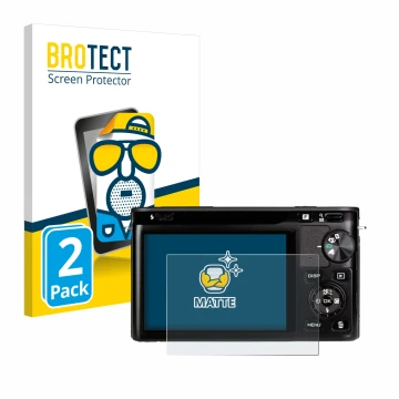 Front side of a product packaging with the brand logo BROTECT. Next to it is the device Nikon 1 J1 shown with the correspondin