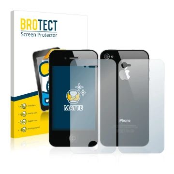 Front side of a product packaging with the brand logo BROTECT. Next to it is the device Apple iPhone 4S (Front+Back) shown wit