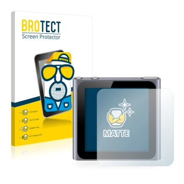 Front side of a product packaging with the brand logo BROTECT. Next to it is the device Apple iPod nano 2011 (6th. Gen.) shown