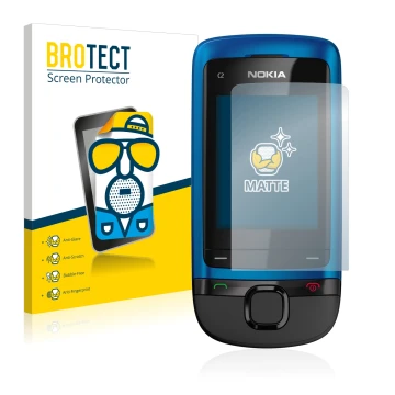 Front side of a product packaging with the brand logo BROTECT. Next to it is the device Nokia C2-05 shown with the correspondi