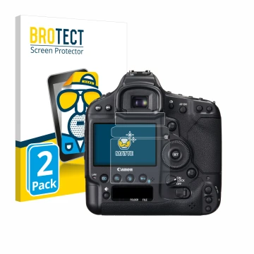Front side of a product packaging with the brand logo BROTECT. Next to it is the device Canon EOS 1D X shown with the correspo