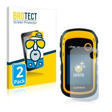 Front side of a product packaging with the brand logo BROTECT. Next to it is the device Garmin eTrex 10 shown with the corresp