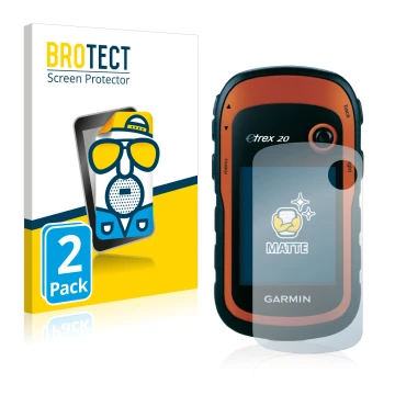 Front side of a product packaging with the brand logo BROTECT. Next to it is the device Garmin eTrex 20 shown with the corresp
