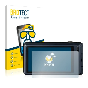 Front side of a product packaging with the brand logo BROTECT. Next to it is the device Panasonic Lumix DMC-3D1 shown with the