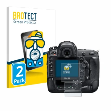 Front side of a product packaging with the brand logo BROTECT. Next to it is the device Nikon D4 shown with the corresponding 
