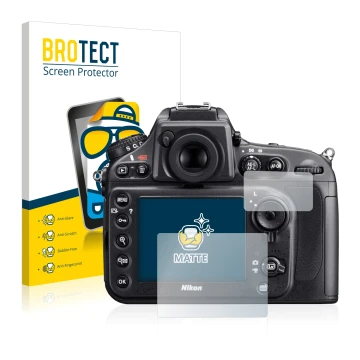 Front side of a product packaging with the brand logo BROTECT. Next to it is the device Nikon D800 shown with the correspondin