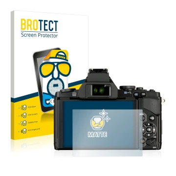 Front side of a product packaging with the brand logo BROTECT. Next to it is the device Olympus OM-D E-M5 shown with the corre