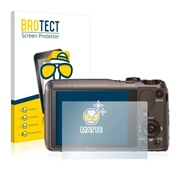 Front side of a product packaging with the brand logo BROTECT. Next to it is the device Sony Cyber-Shot DSC-HX20V shown with t