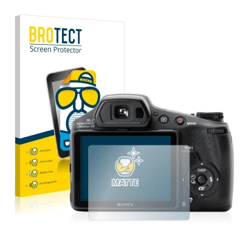 Front side of a product packaging with the brand logo BROTECT. Next to it is the device Sony Cyber-Shot DSC-HX200V shown with 