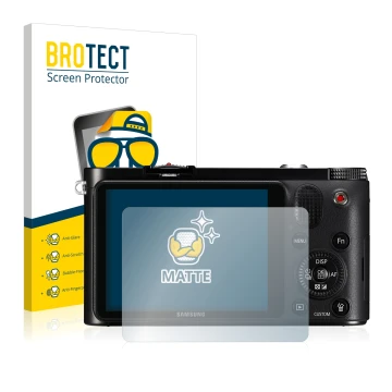 Front side of a product packaging with the brand logo BROTECT. Next to it is the device Samsung NX1000 shown with the correspo