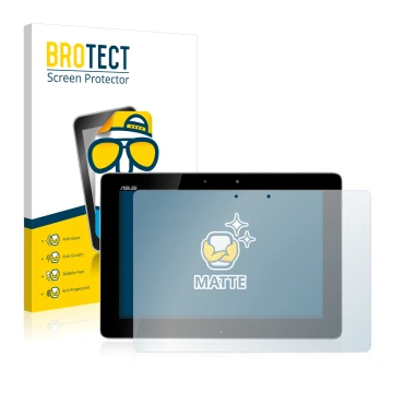 Front side of a product packaging with the brand logo BROTECT. Next to it is the device ASUS Transformer Pad TF300T shown with