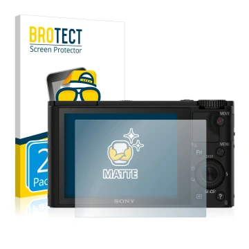 Front side of a product packaging with the brand logo BROTECT. Next to it is the device Sony Cyber-Shot DSC-RX100 shown with t