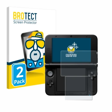 Front side of a product packaging with the brand logo BROTECT. Next to it is the device Nintendo 3DS XL SPM7800 shown with the