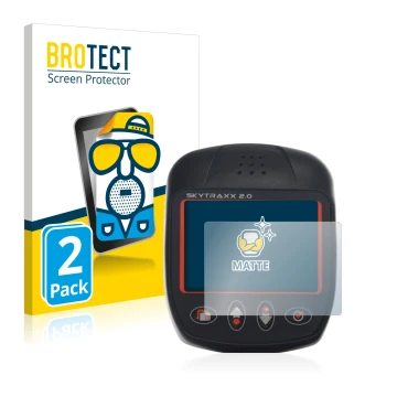 Front side of a product packaging with the brand logo BROTECT. Next to it is the device Skytraxx 2.0 Vario shown with the corr