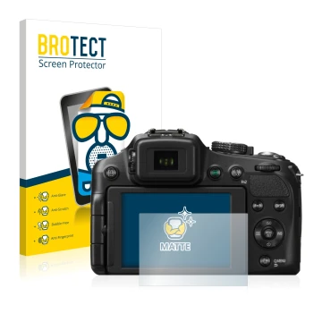 Front side of a product packaging with the brand logo BROTECT. Next to it is the device Panasonic Lumix DMC-FZ200 shown with t