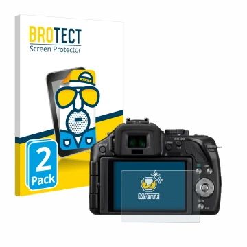 Front side of a product packaging with the brand logo BROTECT. Next to it is the device Panasonic Lumix DMC-G5 shown with the 