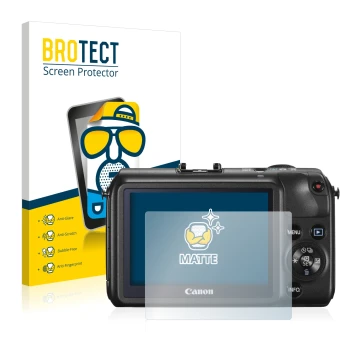 Front side of a product packaging with the brand logo BROTECT. Next to it is the device Canon EOS M shown with the correspondi
