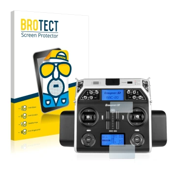 Front side of a product packaging with the brand logo BROTECT. Next to it is the device Graupner MC-20 HoTT shown with the cor