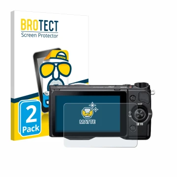 Front side of a product packaging with the brand logo BROTECT. Next to it is the device Sony Alpha NEX-5R shown with the corre