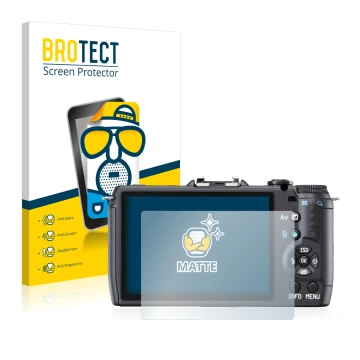 Front side of a product packaging with the brand logo BROTECT. Next to it is the device Pentax Q10 shown with the correspondin