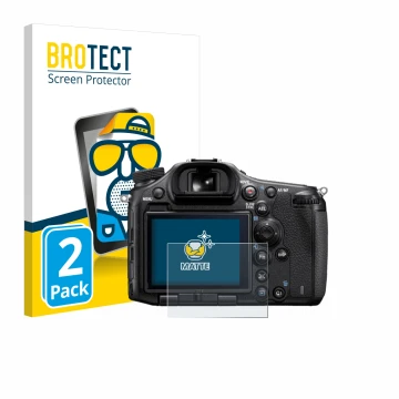 Front side of a product packaging with the brand logo BROTECT. Next to it is the device Sony Alpha 99 shown with the correspon