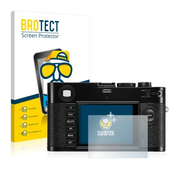 Front side of a product packaging with the brand logo BROTECT. Next to it is the device Leica M (Typ 240) shown with the corre