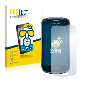 Front side of a product packaging with the brand logo BROTECT. Next to it is the device Samsung Galaxy S3 Mini I8190 shown wit