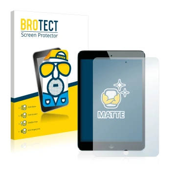 Front side of a product packaging with the brand logo BROTECT. Next to it is the device Apple iPad Mini 1 2012 shown with the 