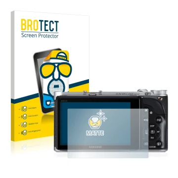 Front side of a product packaging with the brand logo BROTECT. Next to it is the device Samsung NX300 shown with the correspon