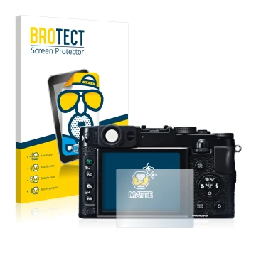 Front side of a product packaging with the brand logo BROTECT. Next to it is the device Fujifilm X20 shown with the correspond