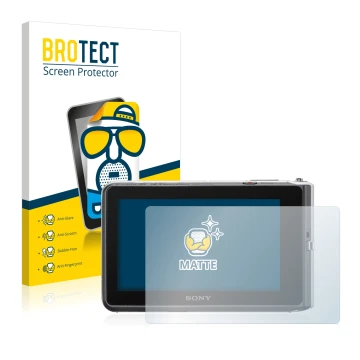 Front side of a product packaging with the brand logo BROTECT. Next to it is the device Sony Cyber-Shot DSC-TX30 shown with th