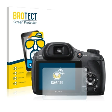 Front side of a product packaging with the brand logo BROTECT. Next to it is the device Sony Cyber-Shot DSC-HX300 shown with t