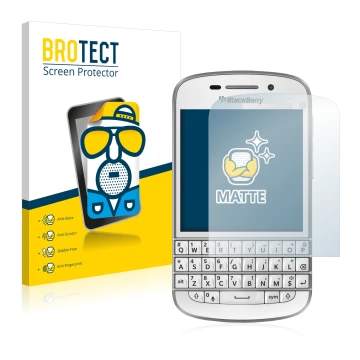 Front side of a product packaging with the brand logo BROTECT. Next to it is the device BlackBerry Q10 shown with the correspo