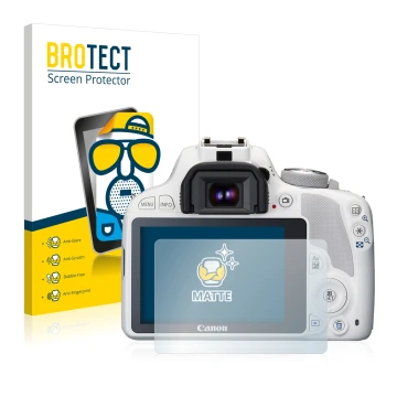 Front side of a product packaging with the brand logo BROTECT. Next to it is the device Canon EOS 100D shown with the correspo