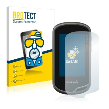 Front side of a product packaging with the brand logo BROTECT. Next to it is the device Garmin Oregon 600t shown with the corr