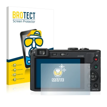 Front side of a product packaging with the brand logo BROTECT. Next to it is the device Panasonic Lumix DMC-LF1 shown with the