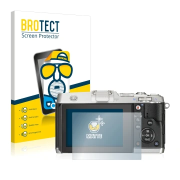 Front side of a product packaging with the brand logo BROTECT. Next to it is the device Olympus PEN E-P5 shown with the corres