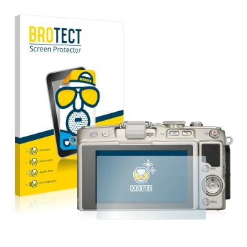 Front side of a product packaging with the brand logo BROTECT. Next to it is the device Olympus PEN E-PL6 shown with the corre