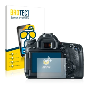 Front side of a product packaging with the brand logo BROTECT. Next to it is the device Canon EOS 70D shown with the correspon