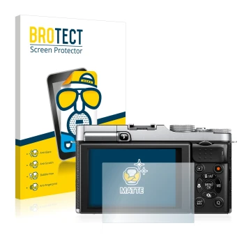 Front side of a product packaging with the brand logo BROTECT. Next to it is the device Fujifilm X-M1 shown with the correspon