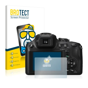 Front side of a product packaging with the brand logo BROTECT. Next to it is the device Panasonic Lumix DMC-FZ72 shown with th