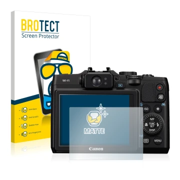 Front side of a product packaging with the brand logo BROTECT. Next to it is the device Canon PowerShot G16 shown with the cor