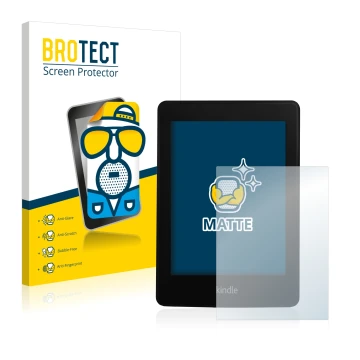 Front side of a product packaging with the brand logo BROTECT. Next to it is the device Amazon Kindle Paperwhite 2013 shown wi